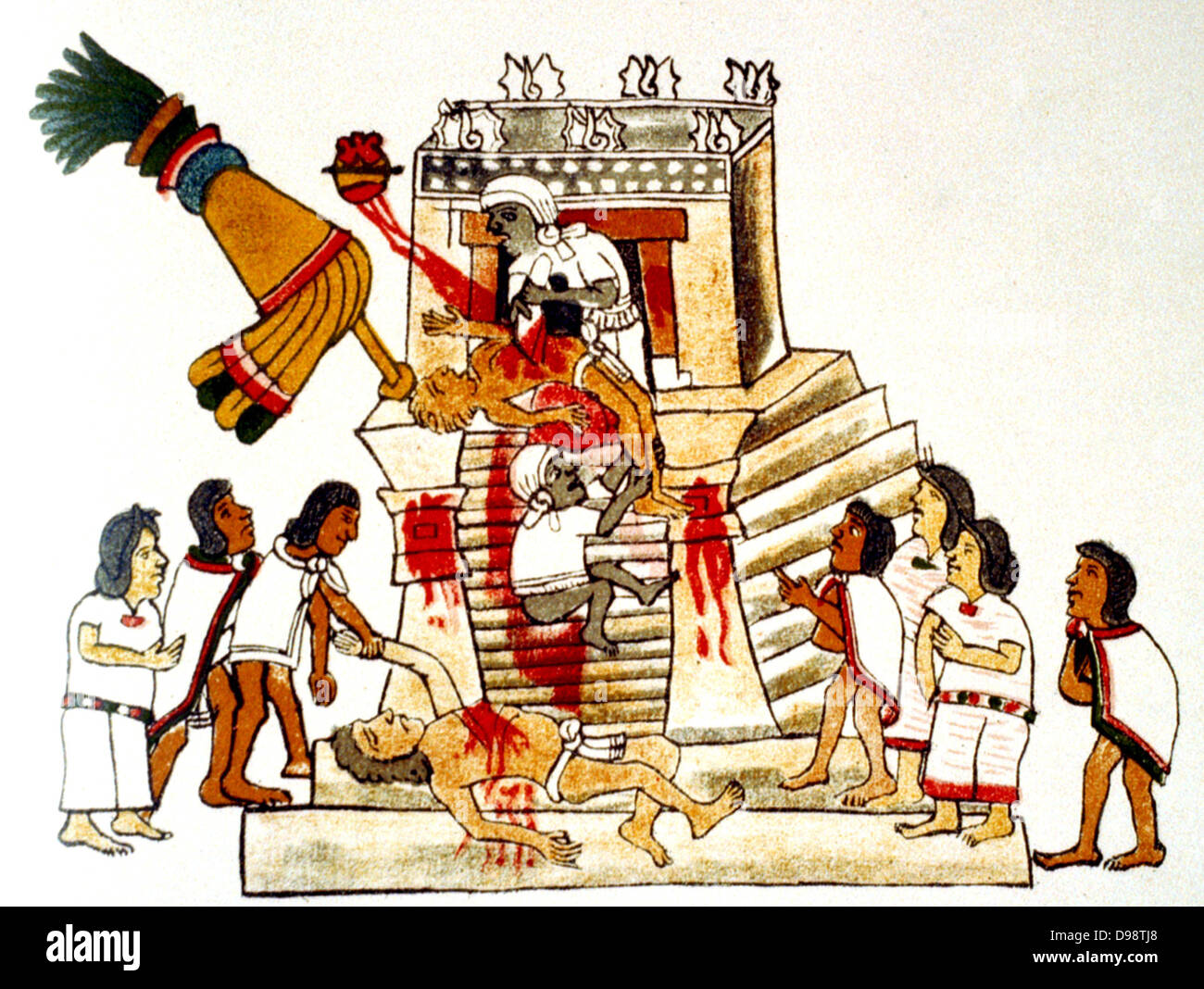 Prêtre offrant le cœur pris à partir d'une victime humaine vivant à l'Aztec dieu soleil et le dieu de la guerre, Huitzilopochtli. Télécopieur de l'impression à partir de Codex Aztèque, publié en 1904. Le Sacrifice Humain Banque D'Images