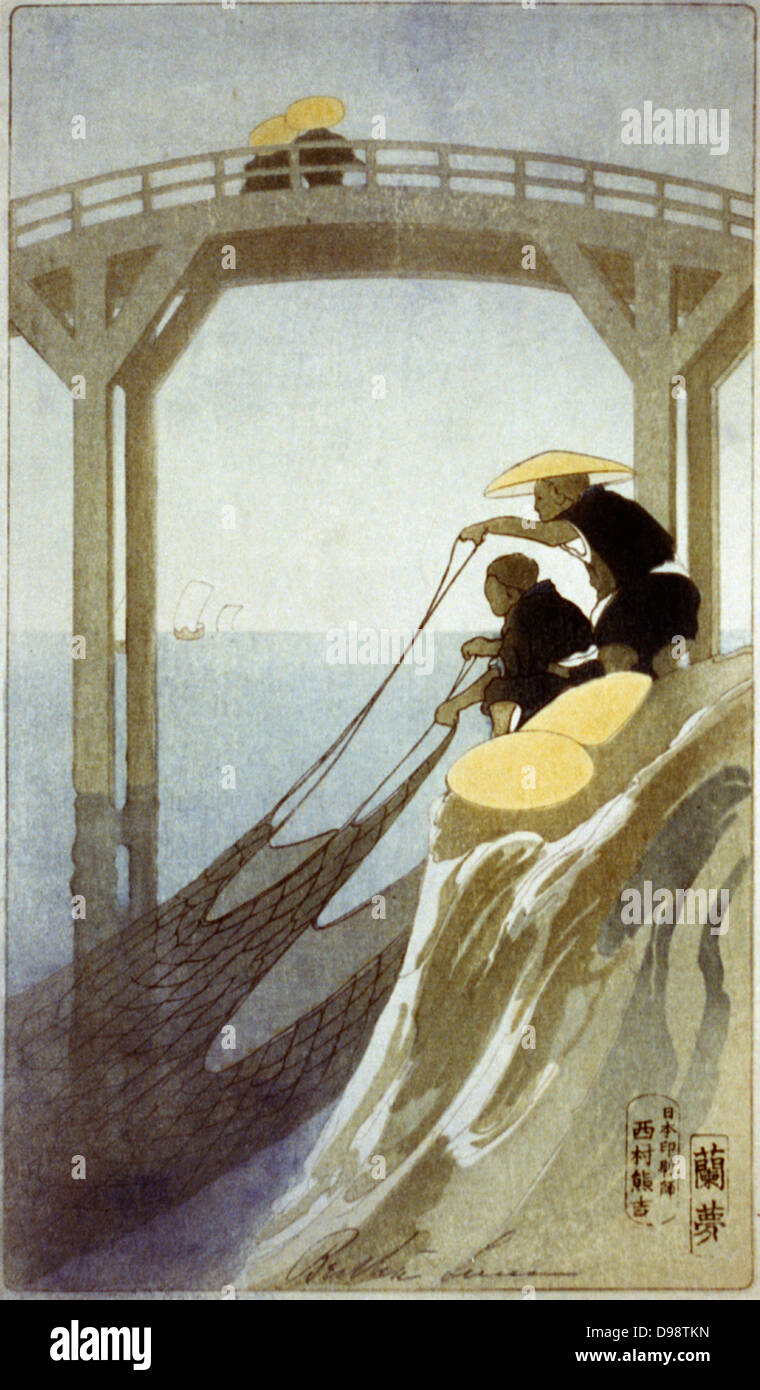 Deux pêcheurs pêcheurs japonais détiennent de grandes net par un pont. gravure sur bois c 1913 par Bertha Lum, 1869-1954, l'artiste américain basé en Chine et au Japon. Banque D'Images