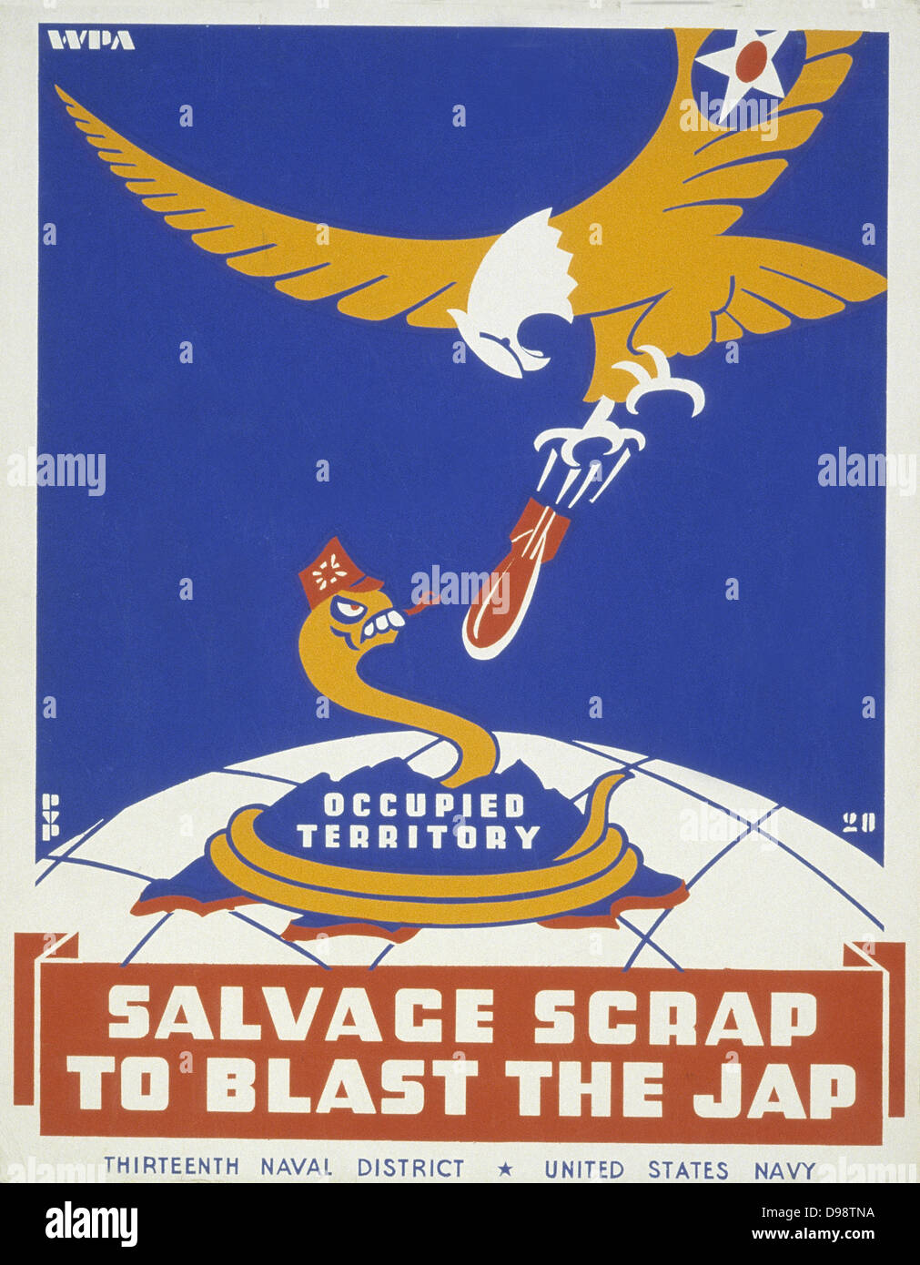 La Deuxième Guerre mondiale, 1939-1945 : les poster parrainé par le treizième district naval de la Marine USA incité les gens à récupérer les rebuts et activer l'aigle américain de bombarder les Japonais serpent. Banque D'Images