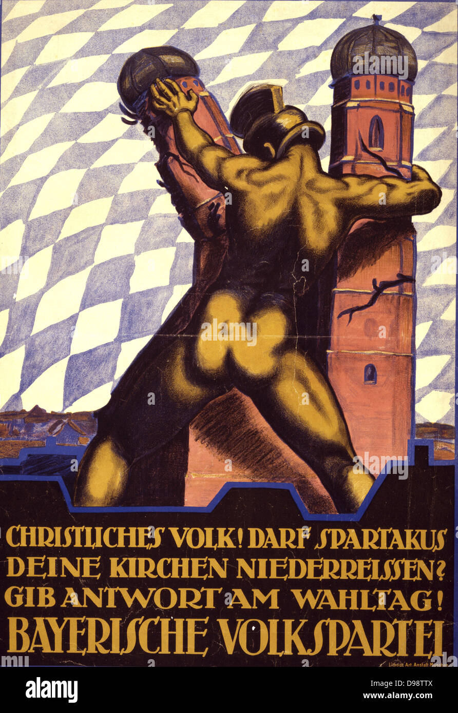 L'affiche de la politique allemande, 1919 : figure dans le démontage du casque Munich Frauenkirche. Texte : peuple chrétien ! Permettez-vous de Spartakus à démonter votre églises ? Réponse le jour des élections ! Le Parti du peuple bavarois. Anti-Communist Banque D'Images