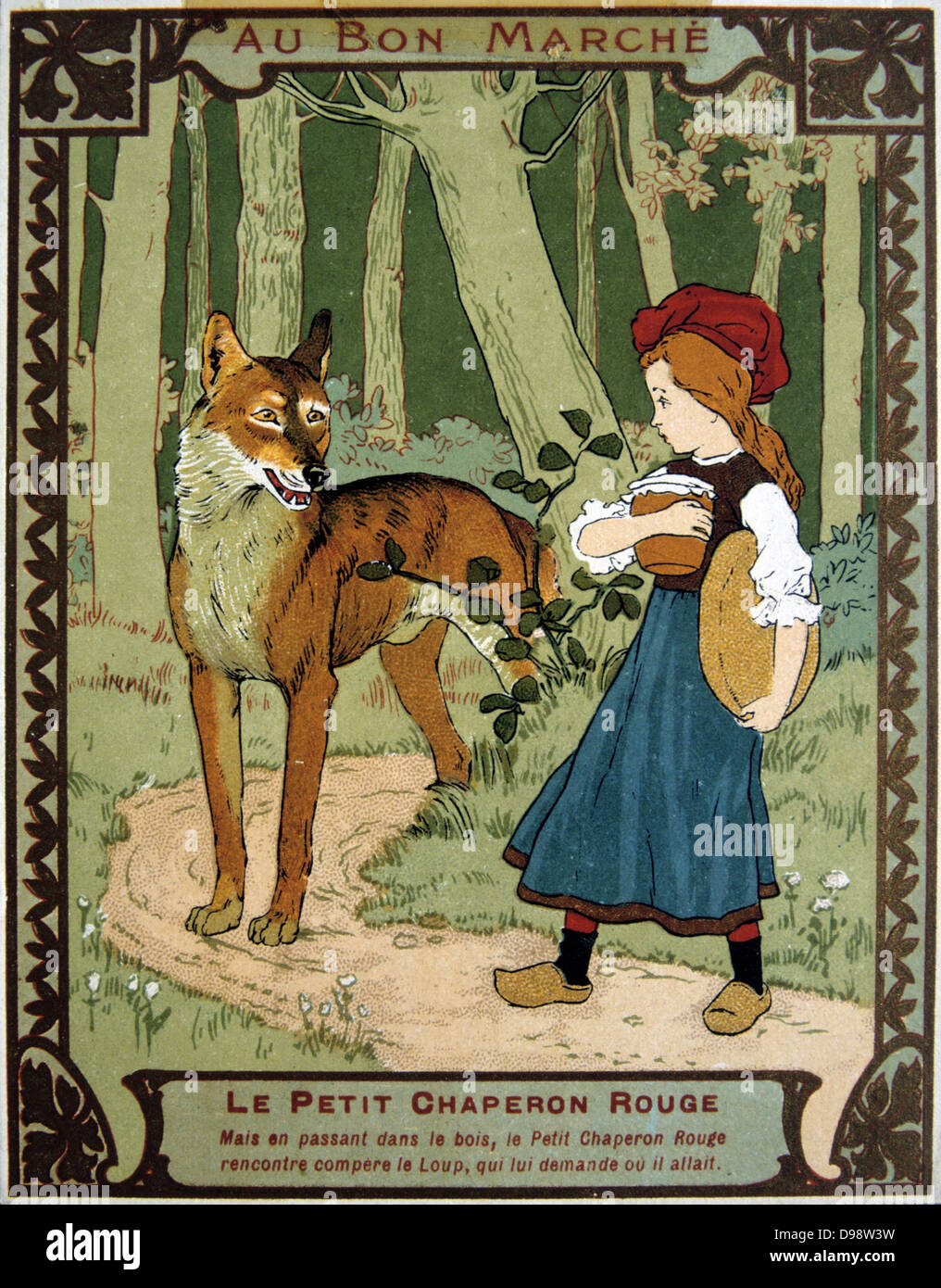 Le Petit Chaperon Rouge, sur sa façon de voir sa grand-mère, rencontre le loup dans les bois. Le commerce français c1900 Carte illustrant le conte de l'auteur français Charles Perrault (1628-1703). Chromolithographie juvénile Littérature Banque D'Images