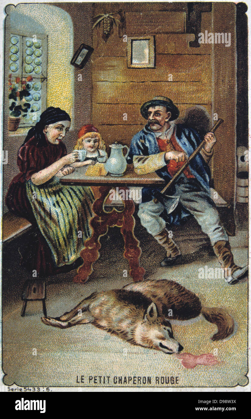 Little Red Riding Hood en sécurité avec sa grand-mère et l'homme qui a tué le loup. Le commerce français c1900 Carte illustrant le conte de l'auteur français Charles Perrault (1628-1703). Chromolithographie juvénile Littérature Banque D'Images