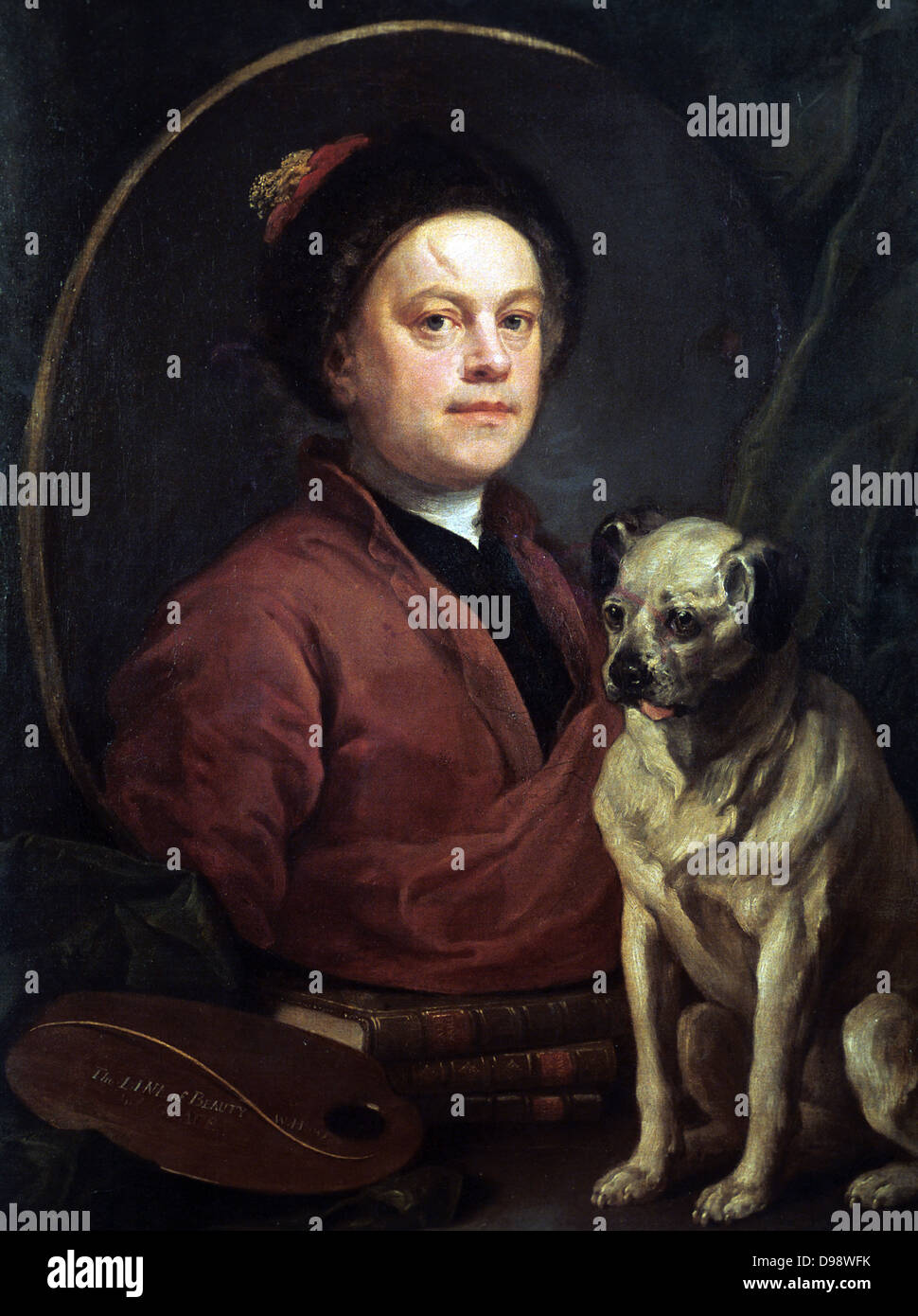 L'artiste et son chien' 1745. Wiliam Hogarth (1697-1764) Anglais, peintre, graveur, dessinateur. Le PUG Autoportrait Banque D'Images