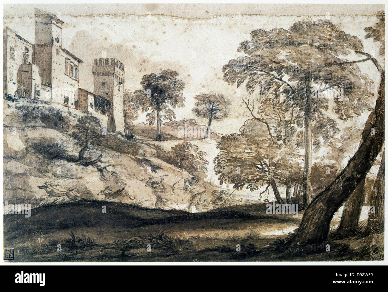 Le Deer Hunt", crayon, encre et lavis sur papier. Claude (c1604-1682 - Claude Gellee Claude Lorrain également) peintre français. Arbre généalogique Château Paysage Banque D'Images