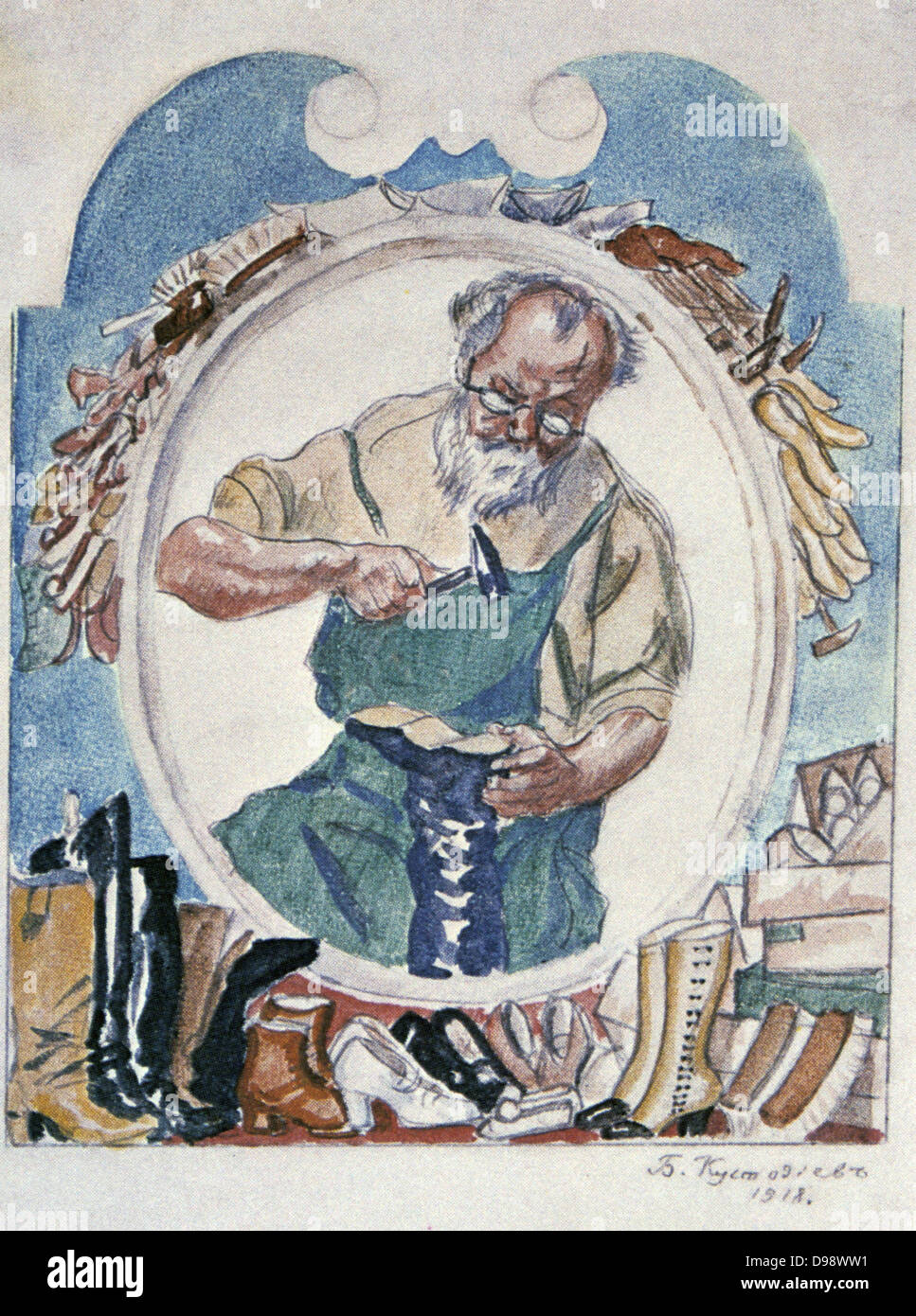 Le cordonnier', 1918. Boris Mikhaïlovitch Koustodiev (1878-1827) peintre russe et décorateur. Shoemaker marteler un talon et entouré de bottes, souliers, dure, des brosses et des boîtes. Fashion Banque D'Images