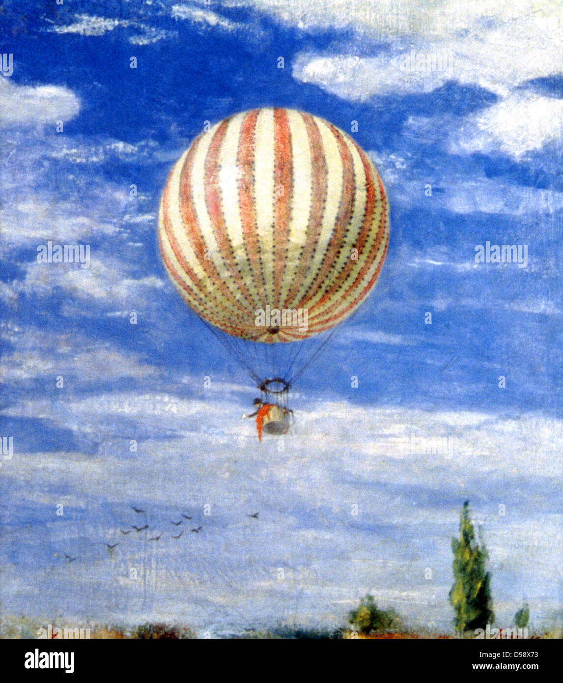 Le Ballon", 1878. Pal Szinyei Merse (1845-1920) peintre hongrois. L'homme en agitant de la télécabine d'un ballon rouge et blanc à rayures. Vol aéronautique bleu ciel blanc nuage de gaz Banque D'Images