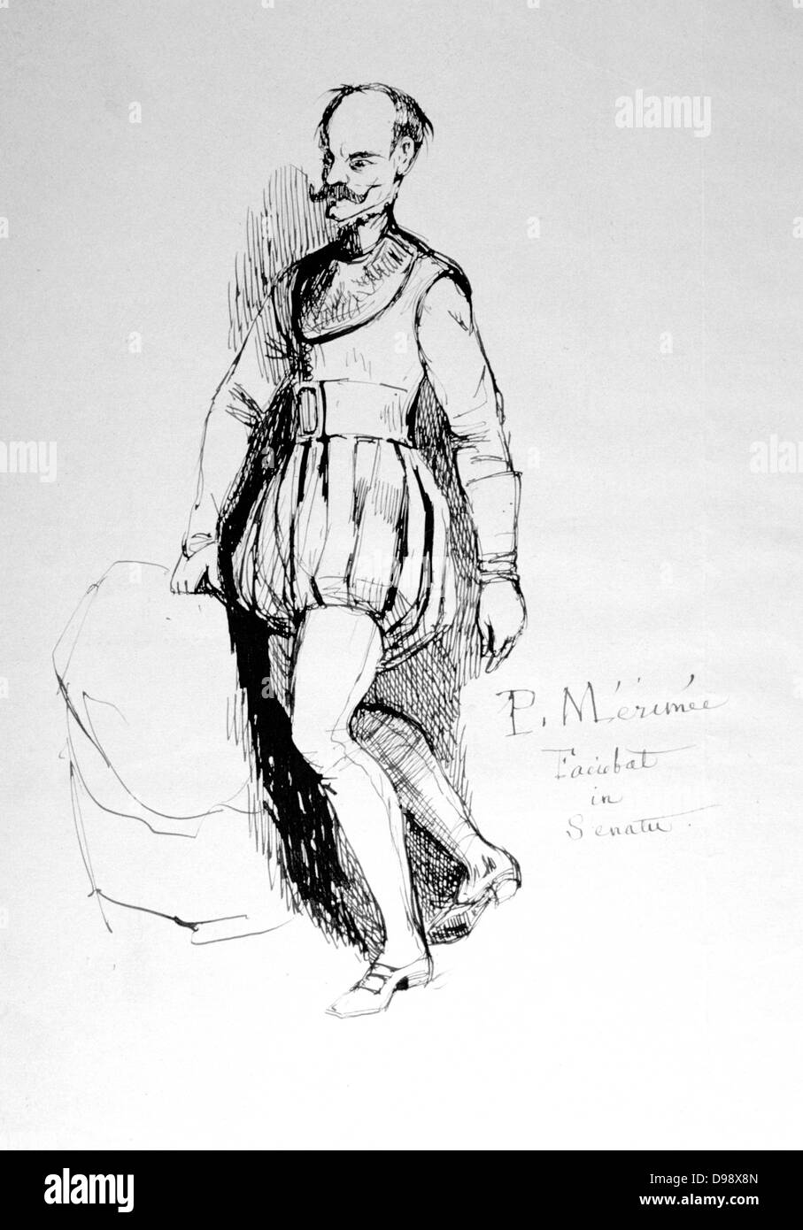 La figure au 16ème siècle le costume. Plume et encre dessin par Propsper Mérimée (1803-1870) dramaturge Frenh, historien et archéologue. Banque D'Images