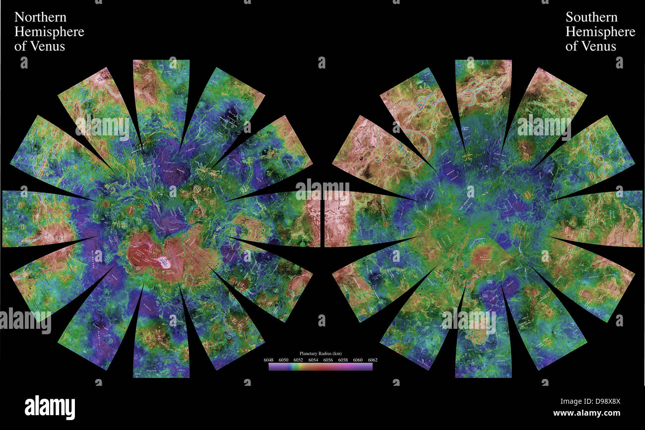 Nord et l'hémisphère sud de Vénus, tel que révélé par plus d'une décennie d'enquêtes qui ont abouti à l'radar Banque D'Images