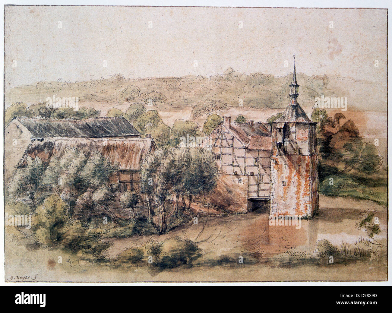 Paysage avec maisons" . Aquarelle et encre brune. Gillis Neyts (1623-1687) dessinateur, peintre flamand et français. Bâtiment en brique à colombages Étang Banque D'Images