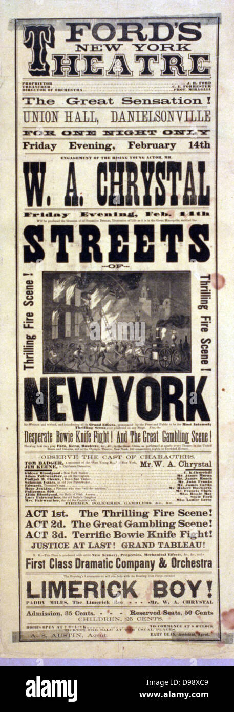 Titre : rues de New York des lieux de l'incendie. ca. 1879 (affiche) : gravure sur bois. 'La soirée se terminera avec l'essor de l'Irish farce, intitulé : Limerick garçon. 'Ford's Theater de New York, pour une nuit seulement vendredi soir, le 14 février.'J.R. Ford, propriétaire ; avec W.A. Chrystal. La production théâtrale. Banque D'Images
