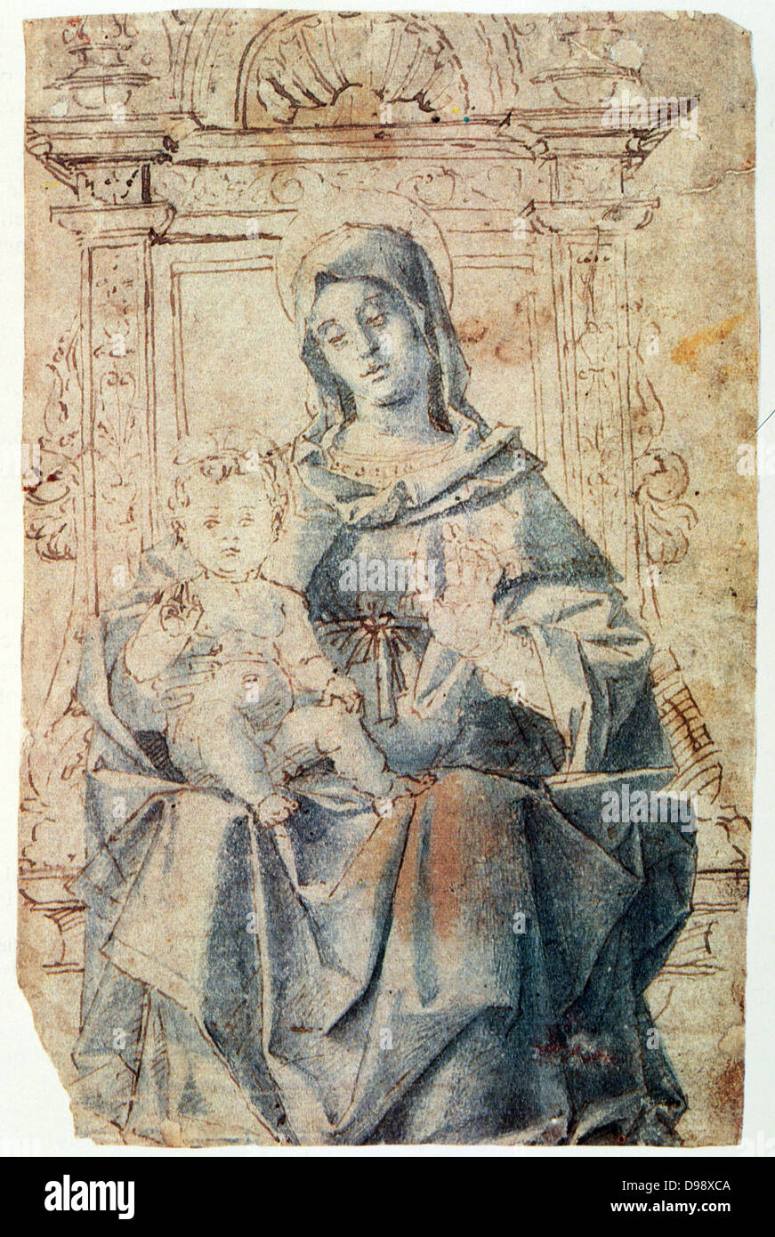 Vierge à l'enfant". Plume et encre brune, bleu. Bartolomeo Montagna (c1450-1523), peintre et architecte italien. Enfant Jésus sur les genoux de la Vierge, la main posée en bénédiction. Banque D'Images