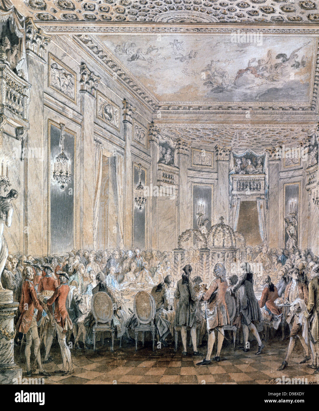 Fête à Louveciennes, 1771. Jean-Michel Moreau Le Jeune (1741-1814) peintre français. Peintre de la cour de Louis XV à partir de 1770. En 1769 Louis a donné le château de Louveciennes à sa maîtresse Mme du Barry. Royal Court Banque D'Images