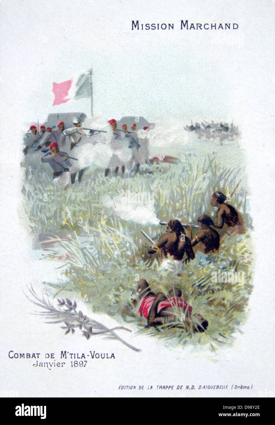 La Mission Marchand, expédition française sous la direction de Jean Baptiste Marchand pour empêcher l'expansion britannique dans le nord-est de l'Afrique. Bataille de m'tila-Voula, janvier 1897. Marchand et son français et sénégalais en action. Carte du commerce. Le colonialisme Banque D'Images