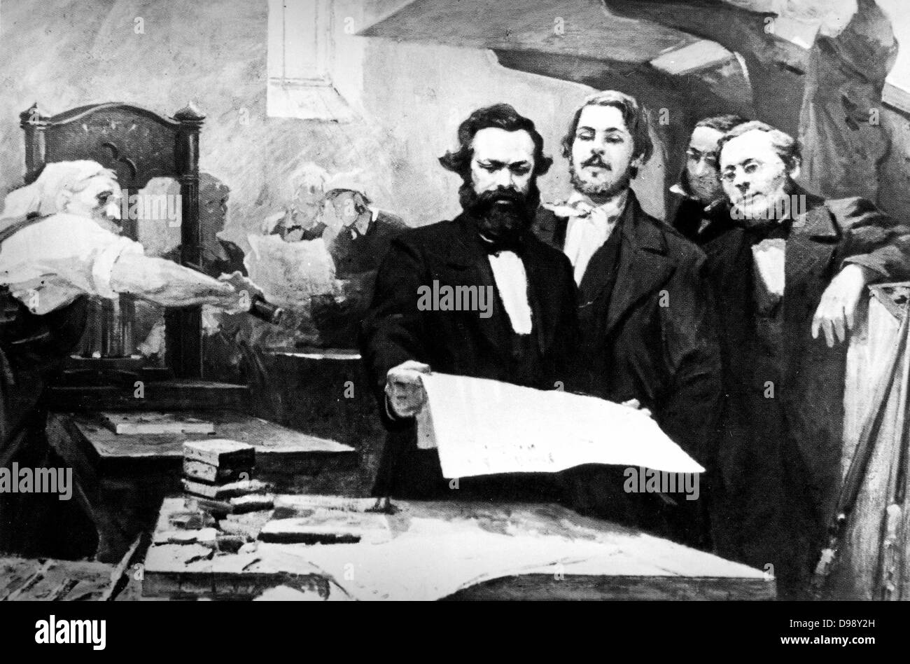 Karl Marx (1818-1883) Père de communisme moderne. Politique allemand, social et économique. Marx est montré est illustré avec Engels à l'impression du Manifeste communiste en 1848 Banque D'Images