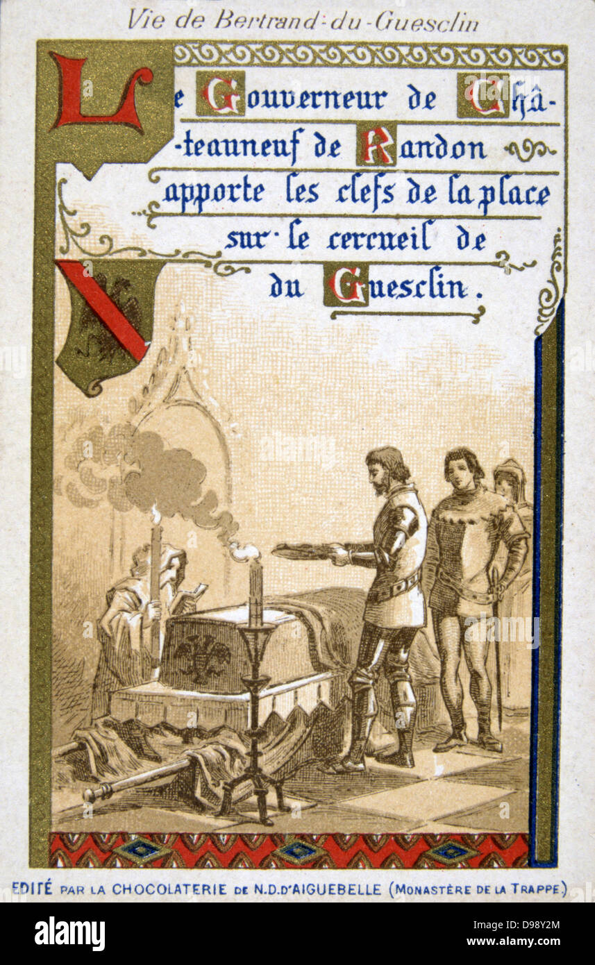 Bertrand du Guesclin ou Gueselin (c1320-1380) "Eagle" de Bretagne, connétable de France à partir de 1370. Le commandant de l'armée française. Gouverneur de Chateauneuf de Randon mise clefs du château sur le cercueil du Guesclin. Carte du commerce Banque D'Images