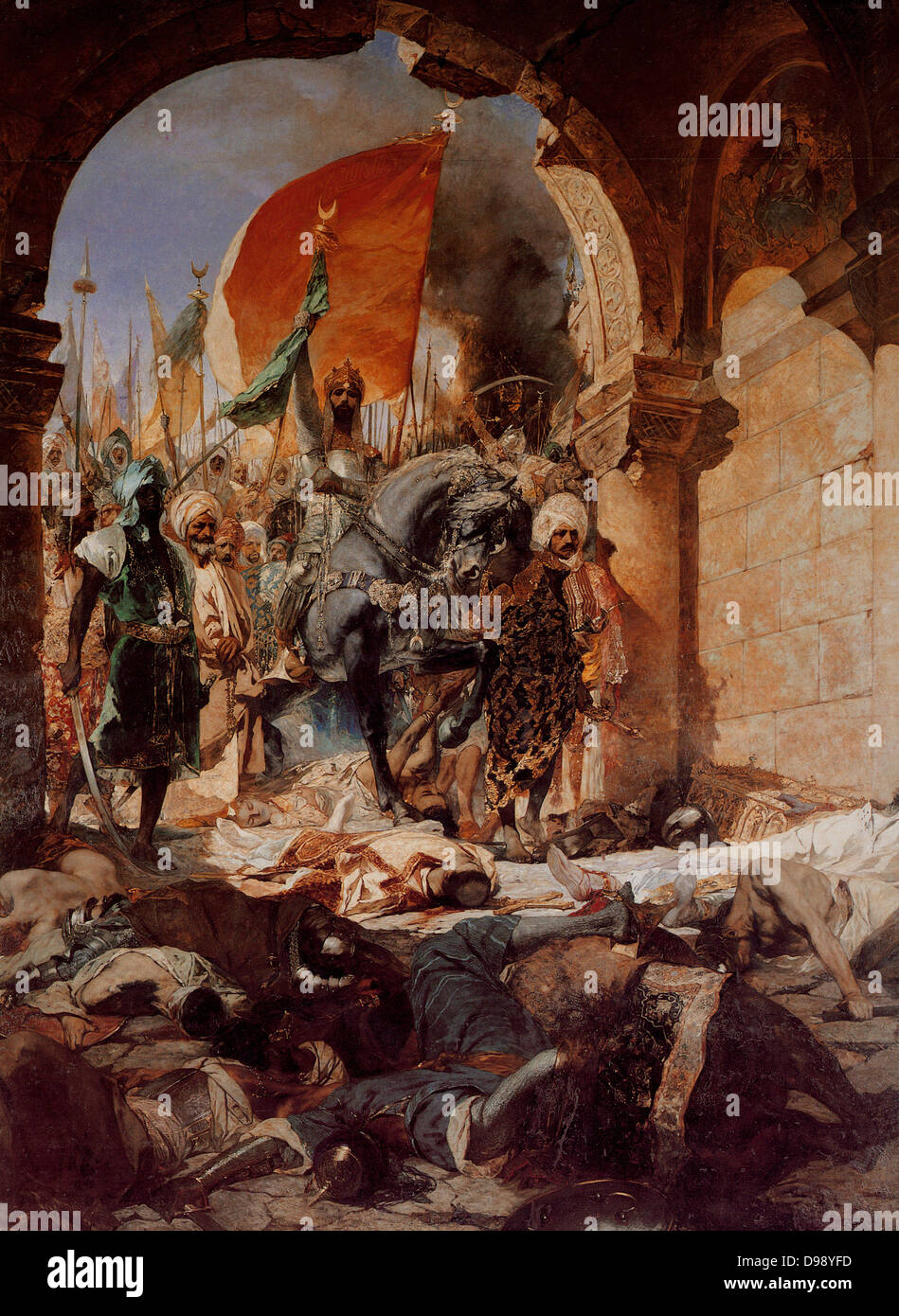 Mehmet II (30 mars 1432 - 3 mai 1481) (également connu sous le nom d'el-F ?ti ? "Le Conquérant" Sultan de l'Empire Ottoman (Rûm jusqu'à la conquête) pendant une courte période de 1444 à septembre 1446, et plus tard à partir de février 1451 à 1481. Entrée du Sultan Mehmet à Constantinople par Jean-Joseph Benjamin-Constant Banque D'Images