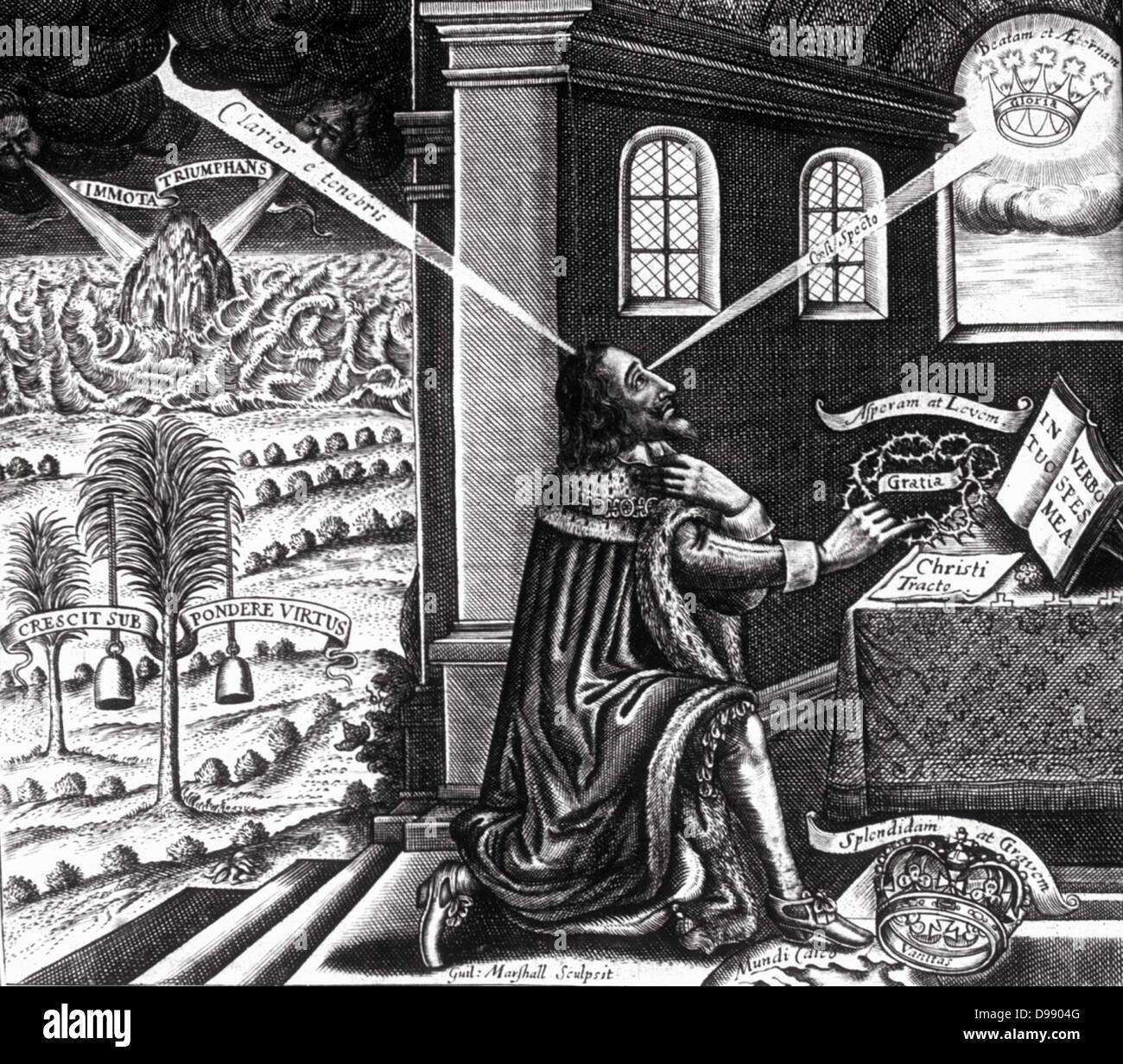 Le frontispice, illustré ci-dessus, est une copie à la suite de la page de titre pour l'Eikon Basilike Gravure du Roi Charles I, à des tempêtes qui frappent le navire de l'état à l'arrière-plan. Banque D'Images