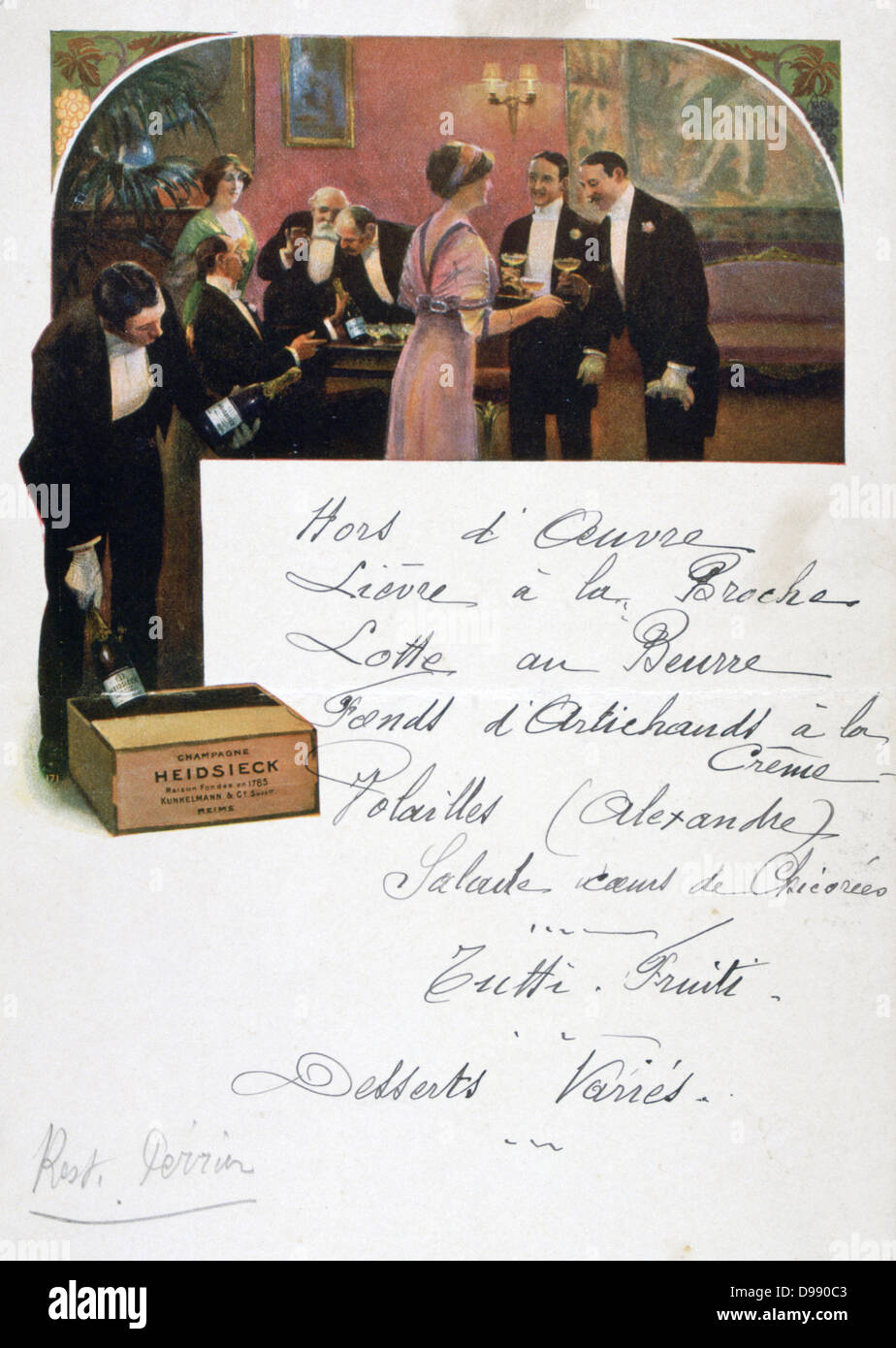 Restaurant menu écrit à la main sur une carte de publicité pour Heidsieck Champagne montrant les hommes et aux femmes de bénéficier d'un verre de Champagne, fin du xixe siècle. La publicité pour l'Alcool alimentaire Banque D'Images