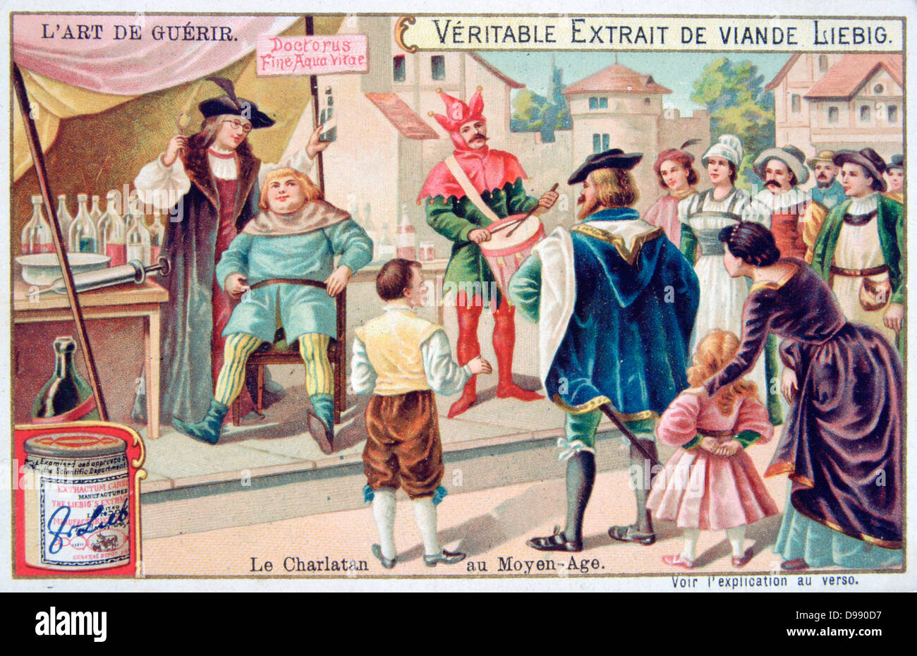 L'Art de la médecine : Un vendeur de quack guérit dans une ville médiévale offrant des bouteilles de son recours. Liebig Trade Card c1910. Charlatan Banque D'Images