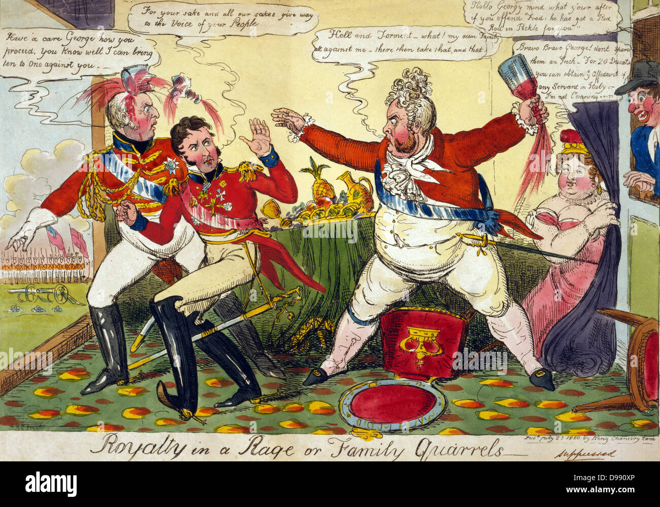 Image dans une rage ou de querelles familiales' Robert Cruikshank, juillet 1820. George IV en colère contre ses frères Frederick et William, peu disposés à le soutenir dans la procédure de divorce contre Queen Caroline. Eau-forte. La Caricature Banque D'Images