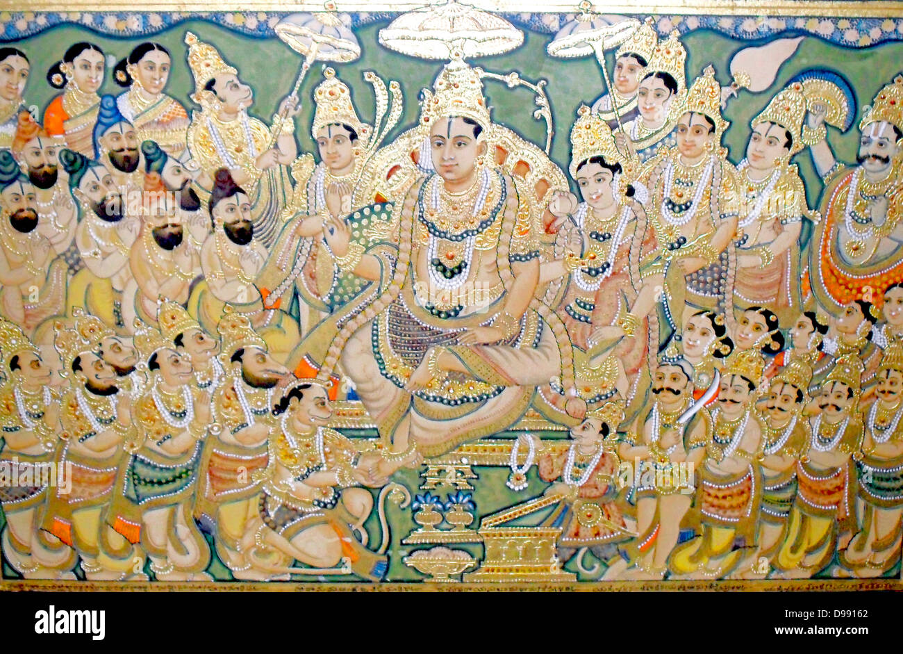 Détail d'un 19e siècle enamel et vitrés photo illustrant la légende du Ramayana hindou. Le Ramayana est l'un des deux poèmes hindous épique, l'autre étant le Mahabharata. Le Ramayana décrit une histoire d'amour de Rama, un ancien roi, et SITA, qui est capturé par Ravan, le roi de Ceylan. Rama établit le siège à Ceylan et regagne Sita Banque D'Images