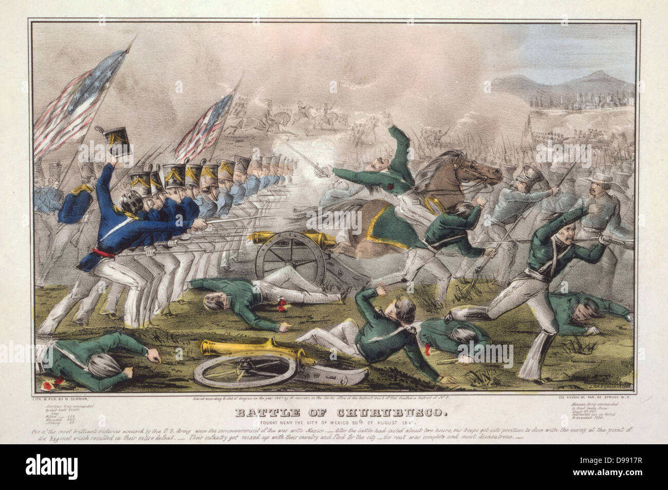 Guerre américano-mexicaine 1846-1848 : Bataille de Churubusco, 10 août 1847, se sont battus à 5 miles de la ville de Mexico. L'infanterie américaine mexicaine de charge batterie sur le terrain. Victoire américaine. Currier & Ives imprimer, c1846. Banque D'Images