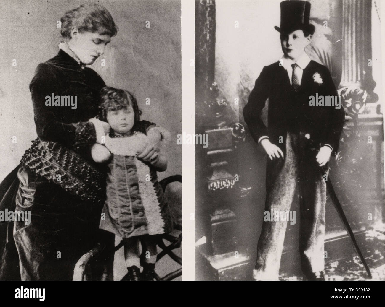 Photographies de Winston Spencer Churchill (1874-1965) Homme d'État britannique. Churchill, 4 ans, pleine longueur, debout, tenu par sa mère, Lady Randolph Churchill. Churchill à 12, en uniforme de l'École de Harrow, Angleterre. Banque D'Images