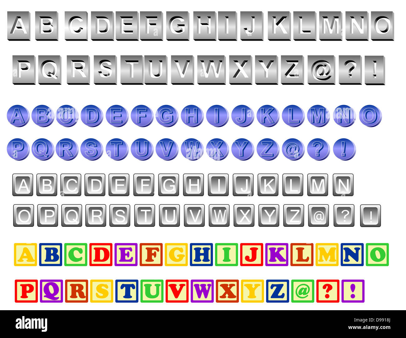Quatre alphabets dans différents formats et couleurs. En 3D et 2D. Types isolés, à utiliser l'écriture des mots. Banque D'Images