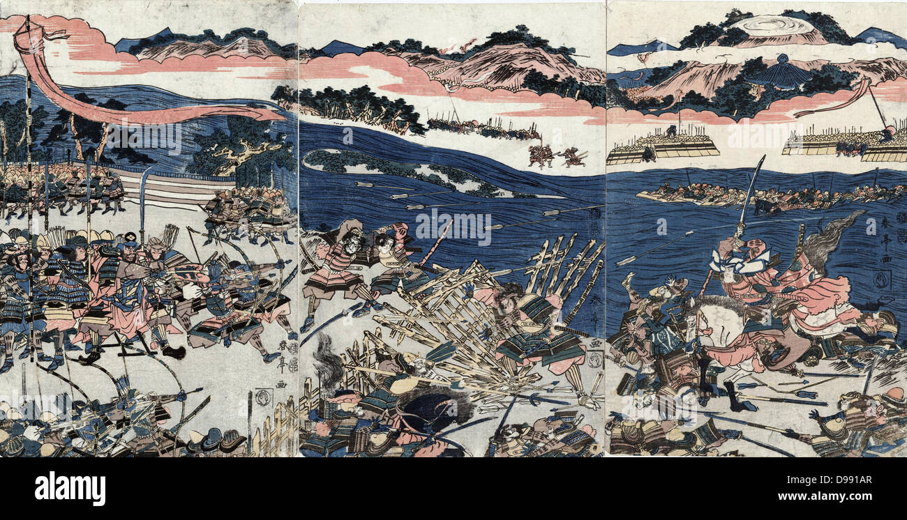 Bataille de Kawanakajima, probablement 4e bataille en 1561, sur les plaines de la rivière Chikuma. La lutte contre les armées. Shuntei Katsukawa (1770-1820) artiste japonais, 1809. Archer Flèche Bow armure épée Pike Cavaliers Raft Banque D'Images