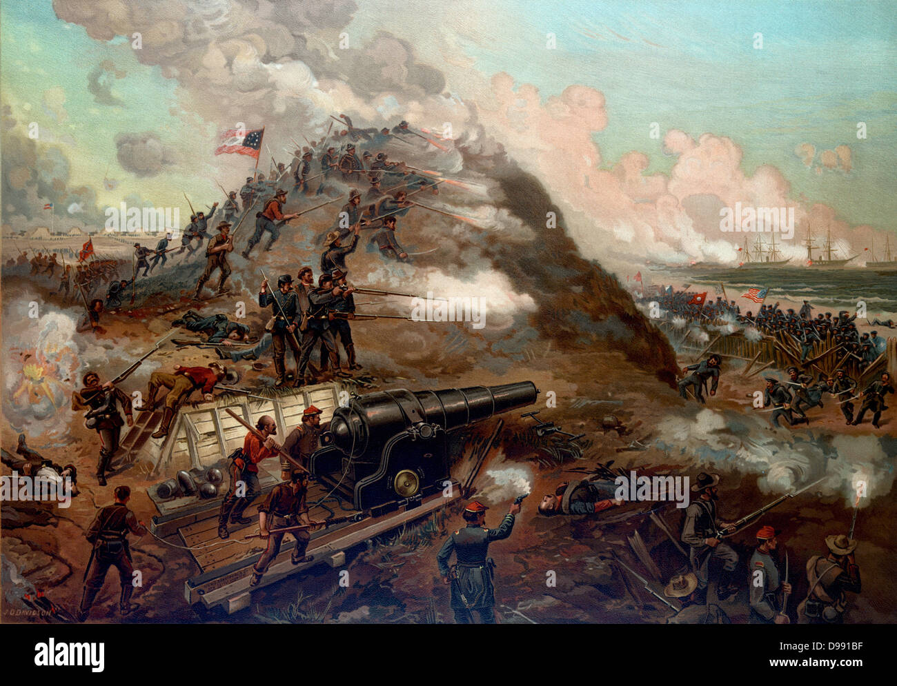 American Civil War 1861-1865 : Seconde Bataille de Fort Fisher, 13-15 janvier 1865. Capture du Fort Fisher par Union (Nord) Forces canadiennes. Confederate (sud) d'essayer de repousser les forces de débarquement. Print c1887. Banque D'Images