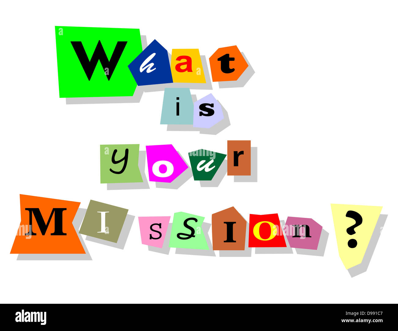 Quelle est votre mission question - collage de texte avec des mots isolés en coupures. Banque D'Images