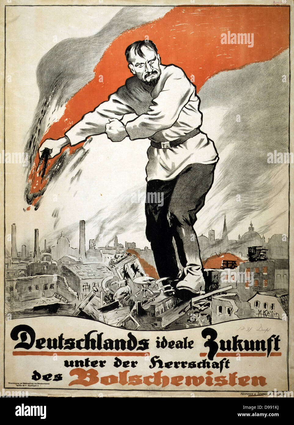 Affiche allemande par l'Association de lutte contre le bolchevisme. 1919. Man holding russe gigantesque torche enflammée, comité permanent sur l'incendie ruines d'une ville. Texte : l'idéal de l'avenir de l'Allemagne sous la direction des Bolcheviks. Anti-Communist Banque D'Images