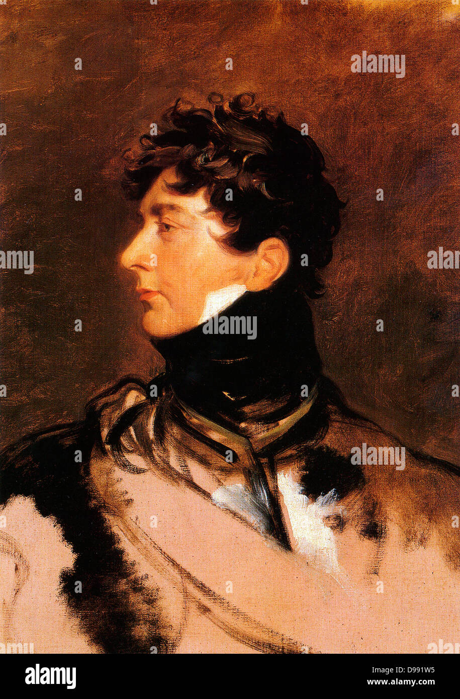 George IV par sir Thomas Lawrence. George IV 1762 - 1830, Roi du Royaume-Uni de Grande-Bretagne et d'Irlande et aussi de Hanovre à partir de la mort de son père, George III, le 29 janvier 1820 jusqu'à sa propre mort dix ans plus tard. À partir de 1811 jusqu'à son adhésion, il a servi comme Prince Régent durant son père rechute dans la maladie mentale. Banque D'Images