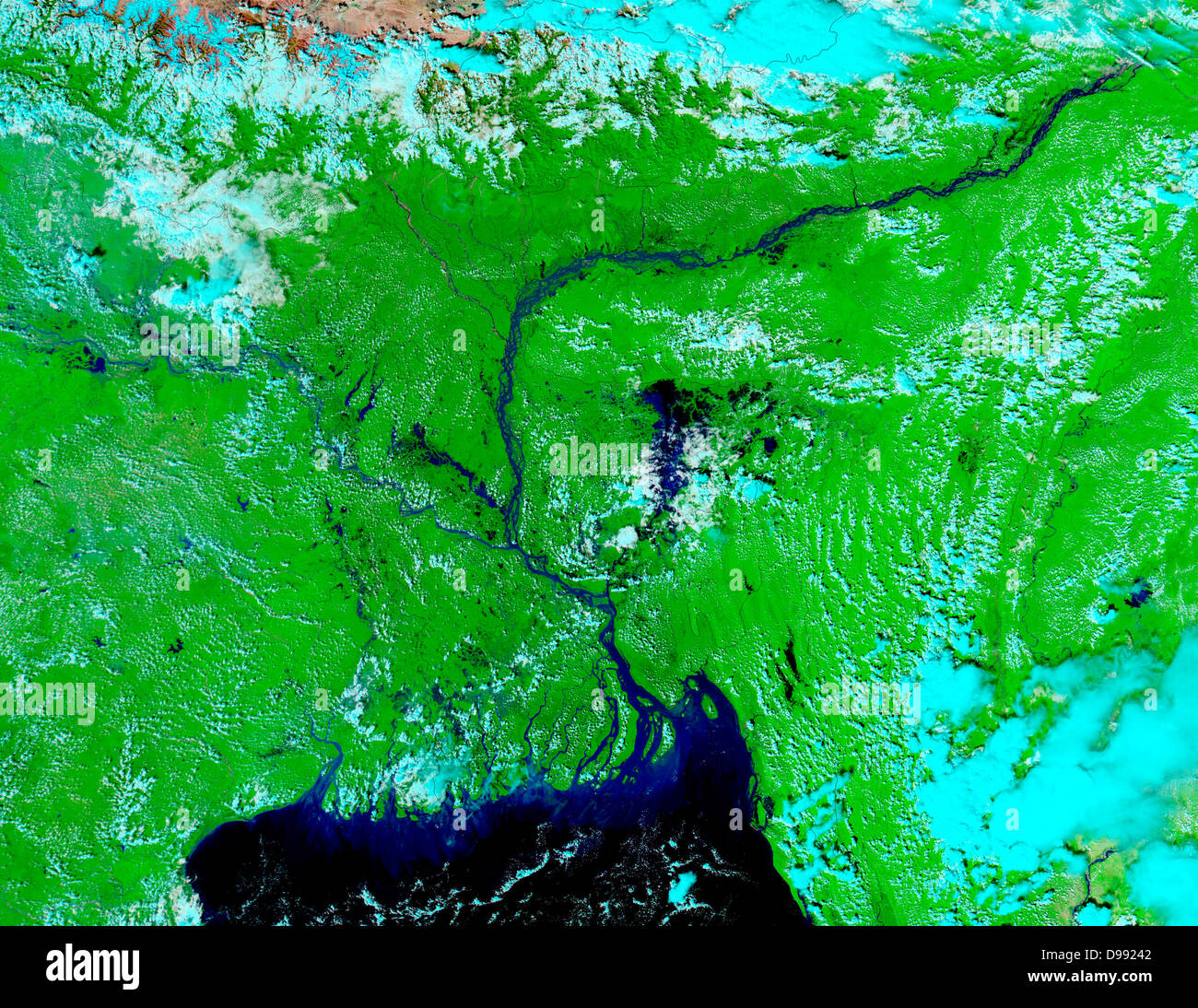 Image satellite, 5 octobre 2002, montrant des basses-terres d'eau en Inde et au Bangladesh. Bleu lumineux est d'eau, lacs et zones inondées. Centre de premier plan est sombre Baie du Bengale. Crédit NASA. Banque D'Images