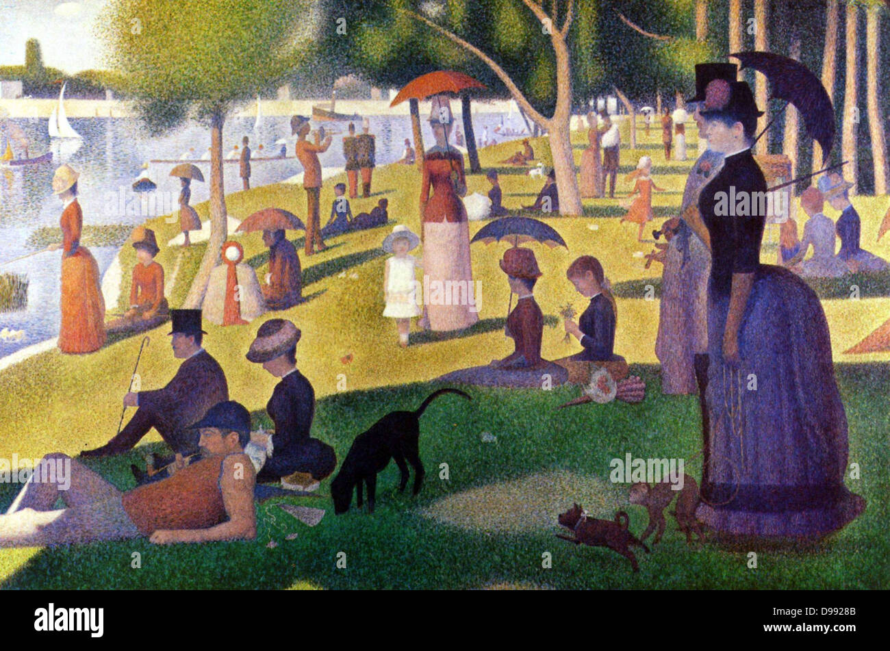 Dimanche après-midi à la Grande Jatte' 1884. Huile sur toile. par Georges  Seurat (1859-1891) peintre postimpressionniste français. Les parisiens  bénéficiant d'un après-midi d'été dans un parc. La rivière de l'eau Seine  France