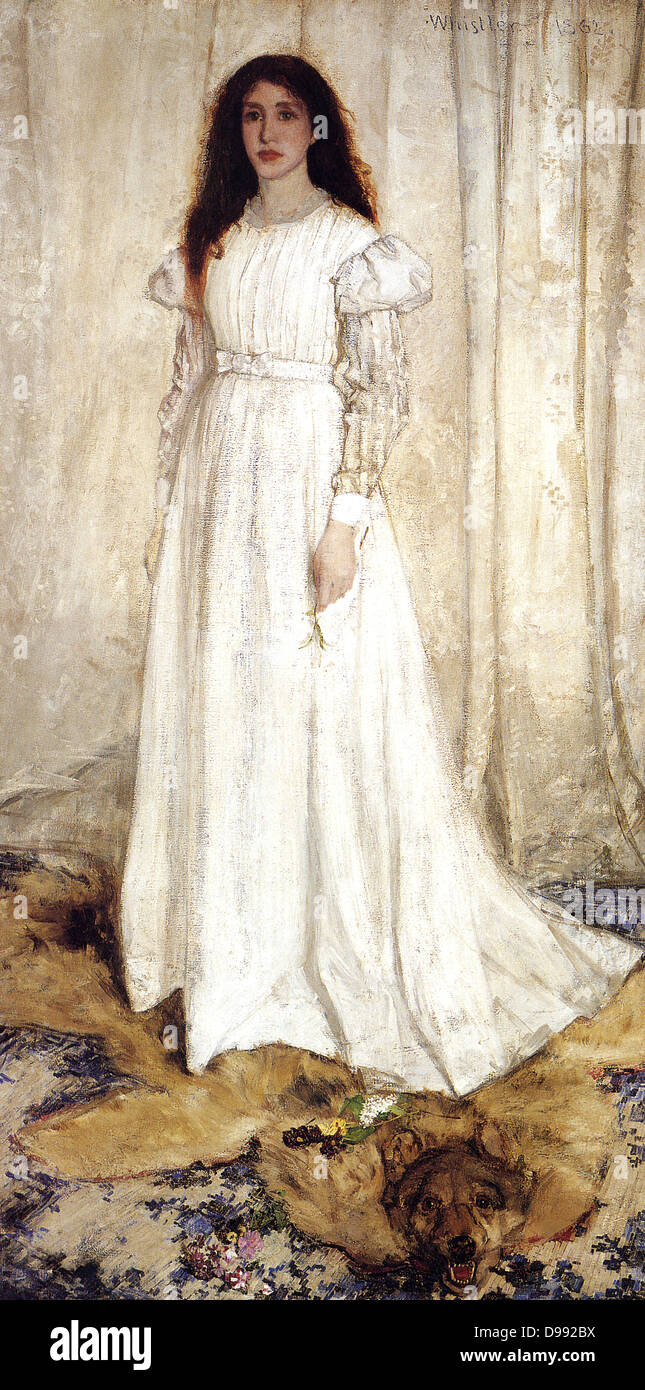 Symphonie en blanc, n°1 : La fille Blanche', 1862. James Abbott McNeill Whistler (1834-1903) peintre américain basé en Grande-Bretagne. Portrait de Joanna Hiffernan, l'artiste sa maîtresse, debout sur une peau d'animal. Banque D'Images
