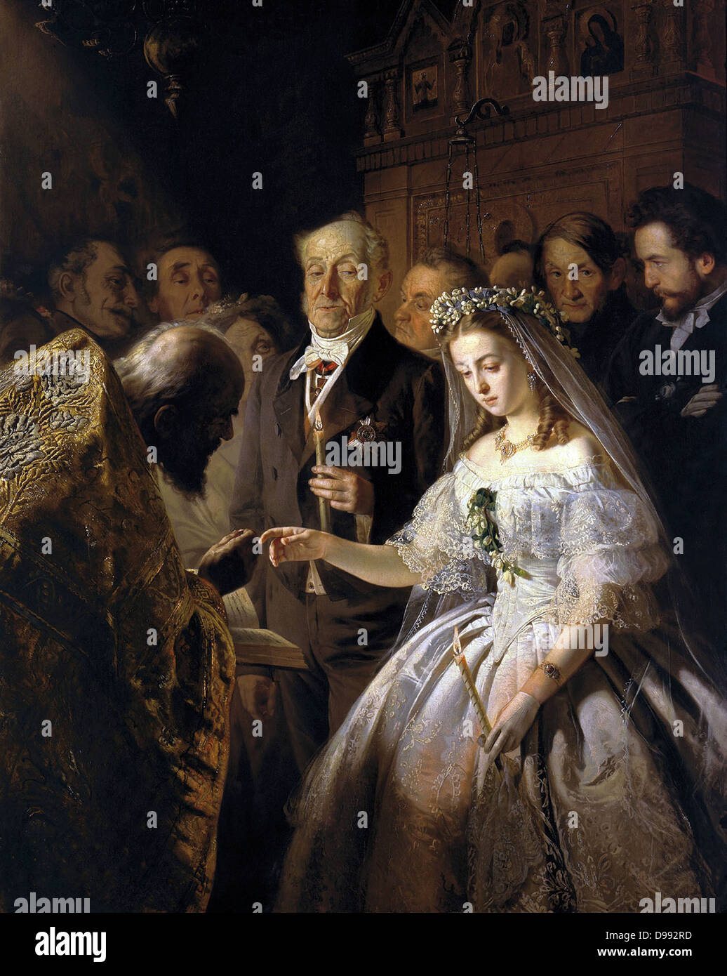 Le mariage inégal" aussi appelé 'Le mariage arrangé", 1862. Huile sur toile. Wassilij Wladimirowitsch Pukirew (1832 - 1890) peintre russe. Personnes âgées de haut rang, jeune mariée et malheureuse. Prêtre orthodoxe russe. Banque D'Images