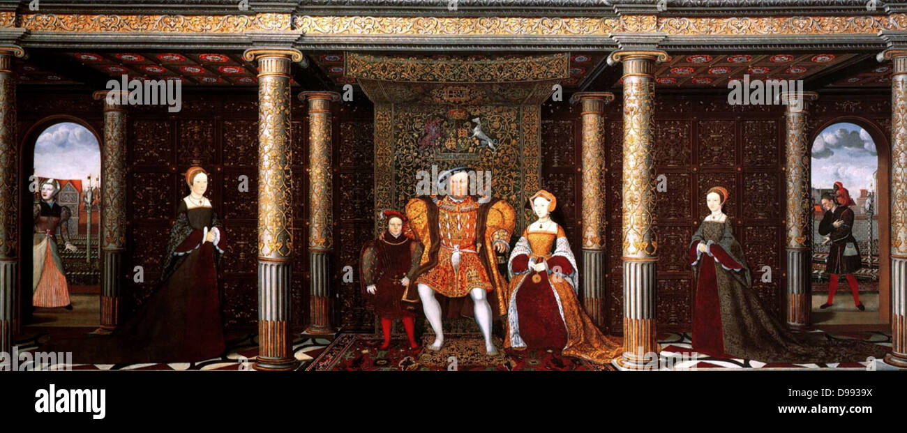 La famille d'Henry VIII : une allégorie de la Succession Tudor. Huile sur panneau. Henry VIII (28 juin 1491 - 28 janvier 1547) fut roi d'Angleterre à partir de 21 avril 1509 jusqu'à sa mort. Il était aussi Seigneur d'Irlande (plus tard le roi d'Irlande) et prestataire au Royaume Banque D'Images