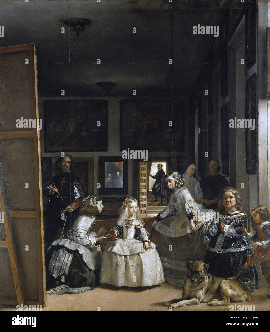 Las Meninas' (les femmes) d'honneur 1656. Peinture par Diego Velasquez 1599 - 1660, peintre espagnol à la cour du roi Philippe IV. La peinture montre une grande chambre dans le palais de Madrid du roi Philippe IV d'Espagne, et présente plusieurs figures, de l'établissement thermal Banque D'Images
