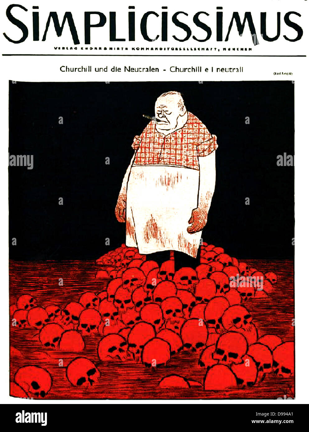 Couverture de magazine allemand Simplicissimus (vers ) représente Churchill et une rivière de sang et de crânes. Vers 1940 Banque D'Images