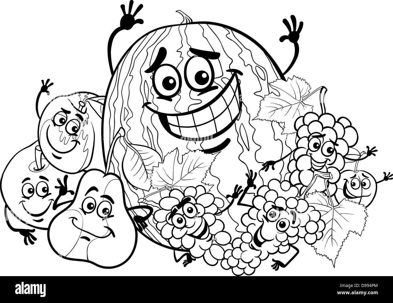 Cartoon noir et blanc Illustration de nourriture Fruits drôle Groupe caractères pour la coloration livre pour enfants Banque D'Images