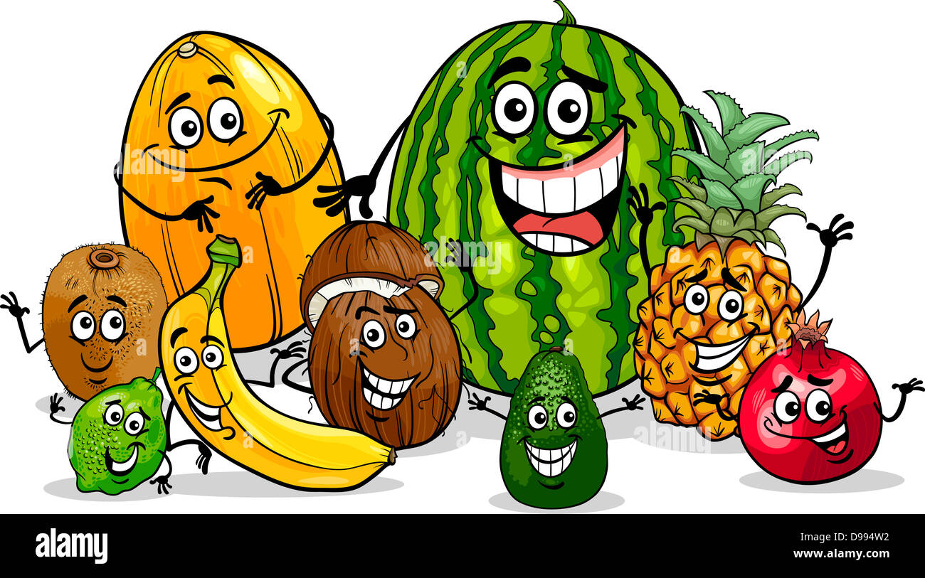 Cartoon Illustration de fruits tropicaux drôle Groupe Caractères