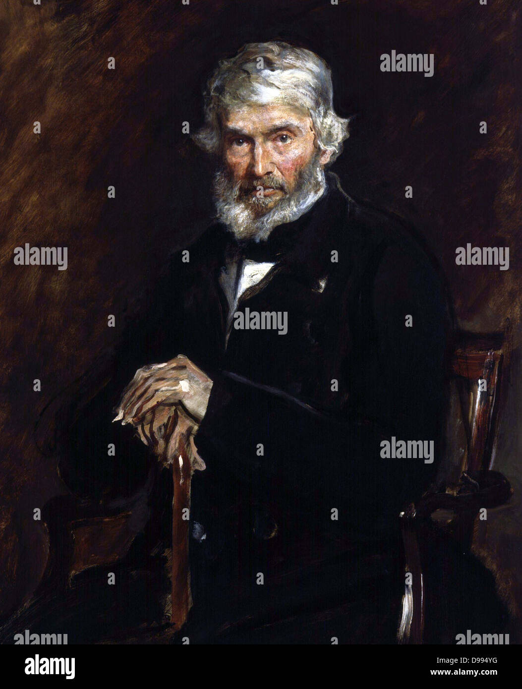 Thomas Carlyle 1877 par John Everett Millais (1829-1896) peintre anglais. Thomas Carlyle (1795-1881), écrivain satirique écossais, essayiste et historien. Trois-quarts de portrait sujet assis, à l'avant. Banque D'Images