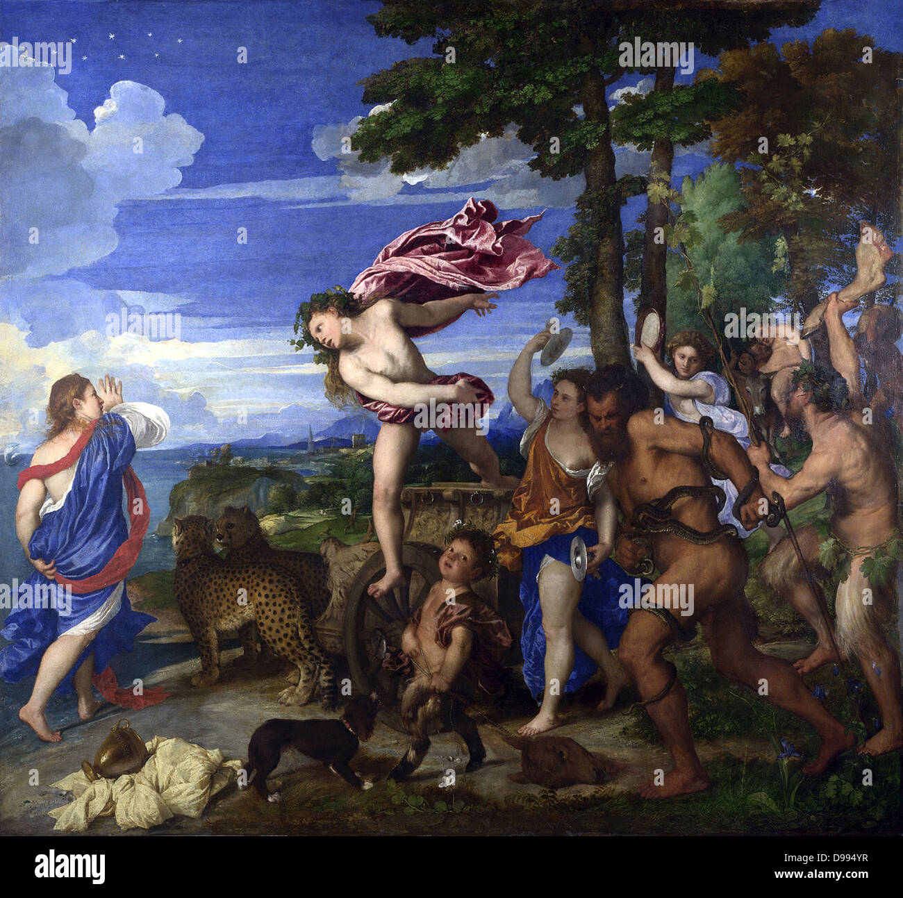 Bacchus et Ariane', 1520-1523. Huile sur toile. Titien (C1473-576) peintre italien, l'école de la Renaissance italienne. Ariadne déserté sur Naxos, trouvés par Bacchus/Dionysos qui l'épouse. La mythologie romaine, grecque Banque D'Images