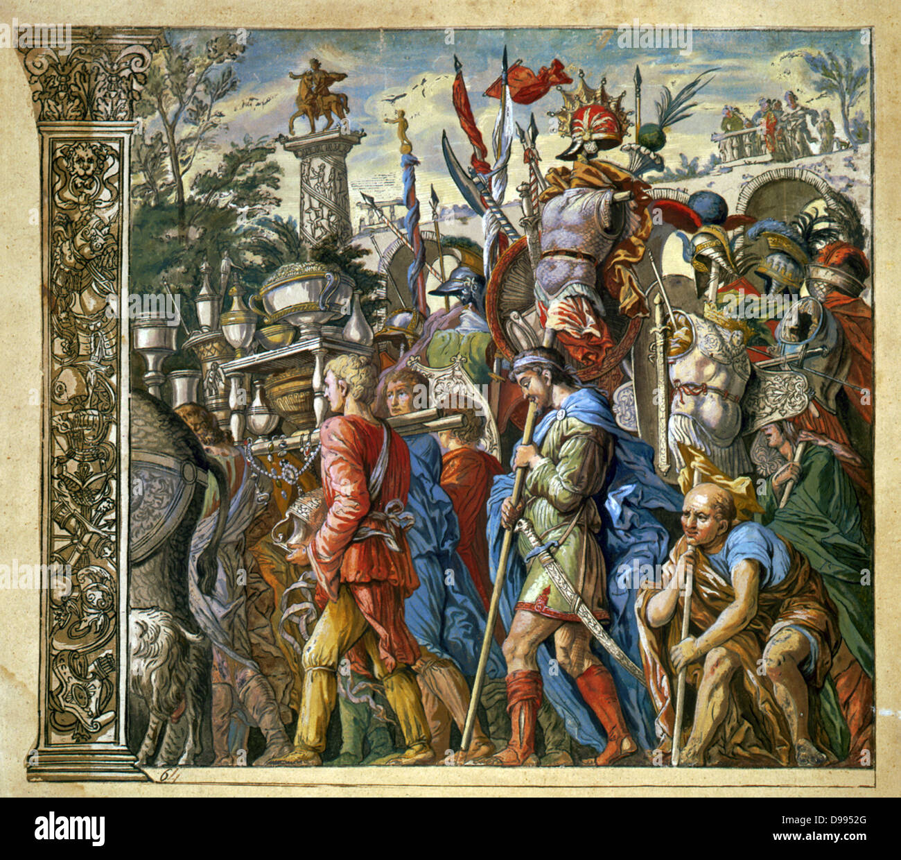 Le triomphe de Jules César, Andrea Andreani (1540-1623) Graveur sur bois italien. Planche 6 de son 'Triumphus Caesari' c1598, après Andrea Mantegna (1431-1506), artiste italien. Étant trophées porté en procession. Banque D'Images
