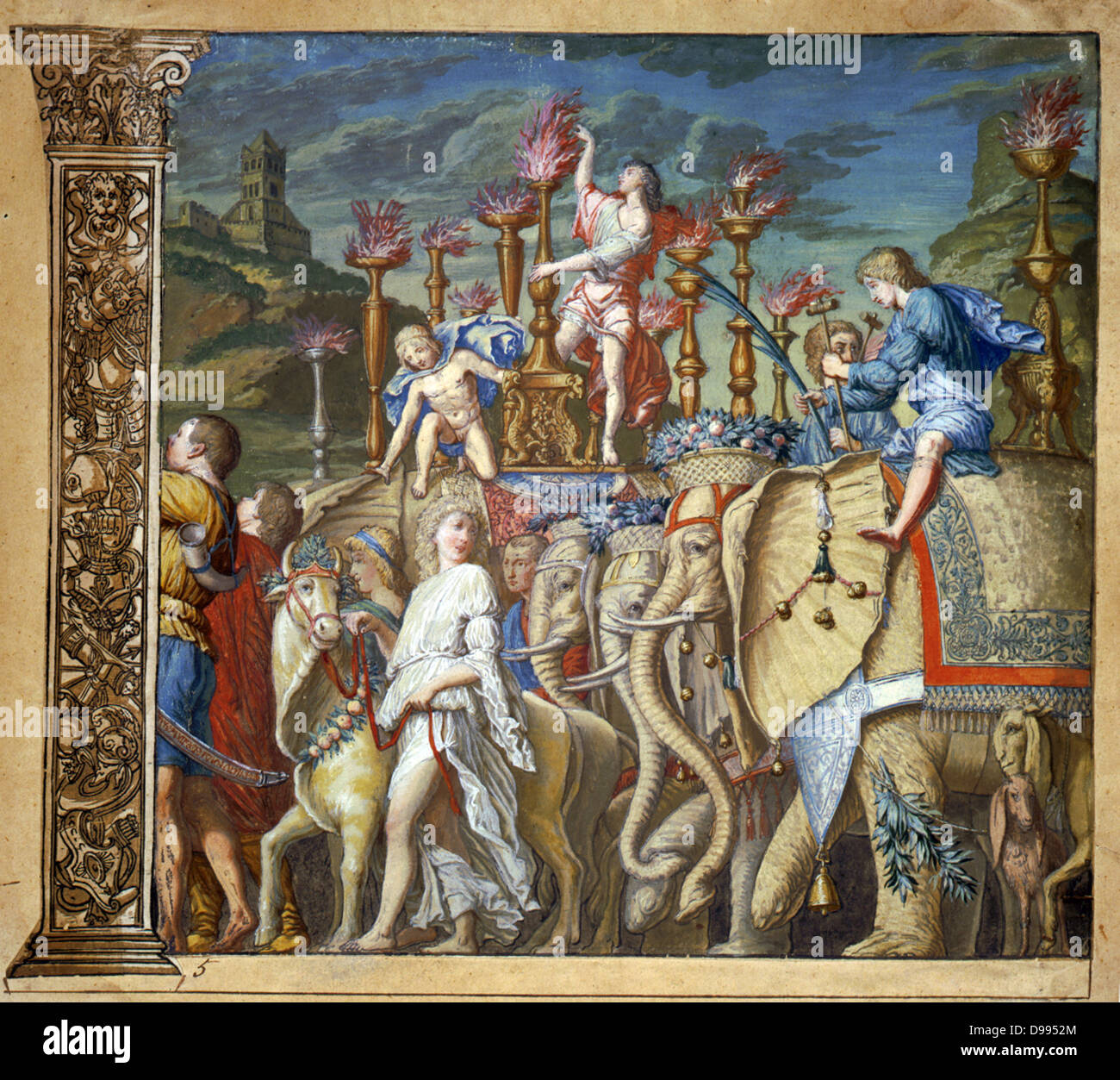 Le triomphe de Jules César, Andrea Andreani (1540-1623) Graveur sur bois italien. Planche 5 de son 'Triumphus Caesari' c1598, après Andrea Mantegna (1431-1506), artiste italien. Des éléphants en cortège triomphal. Banque D'Images