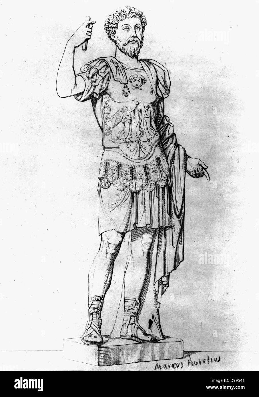 Marc Aurèle (121-180), empereur de Rome de 161. Gravure de statue pleine longueur vêtu comme un guerrier. Banque D'Images