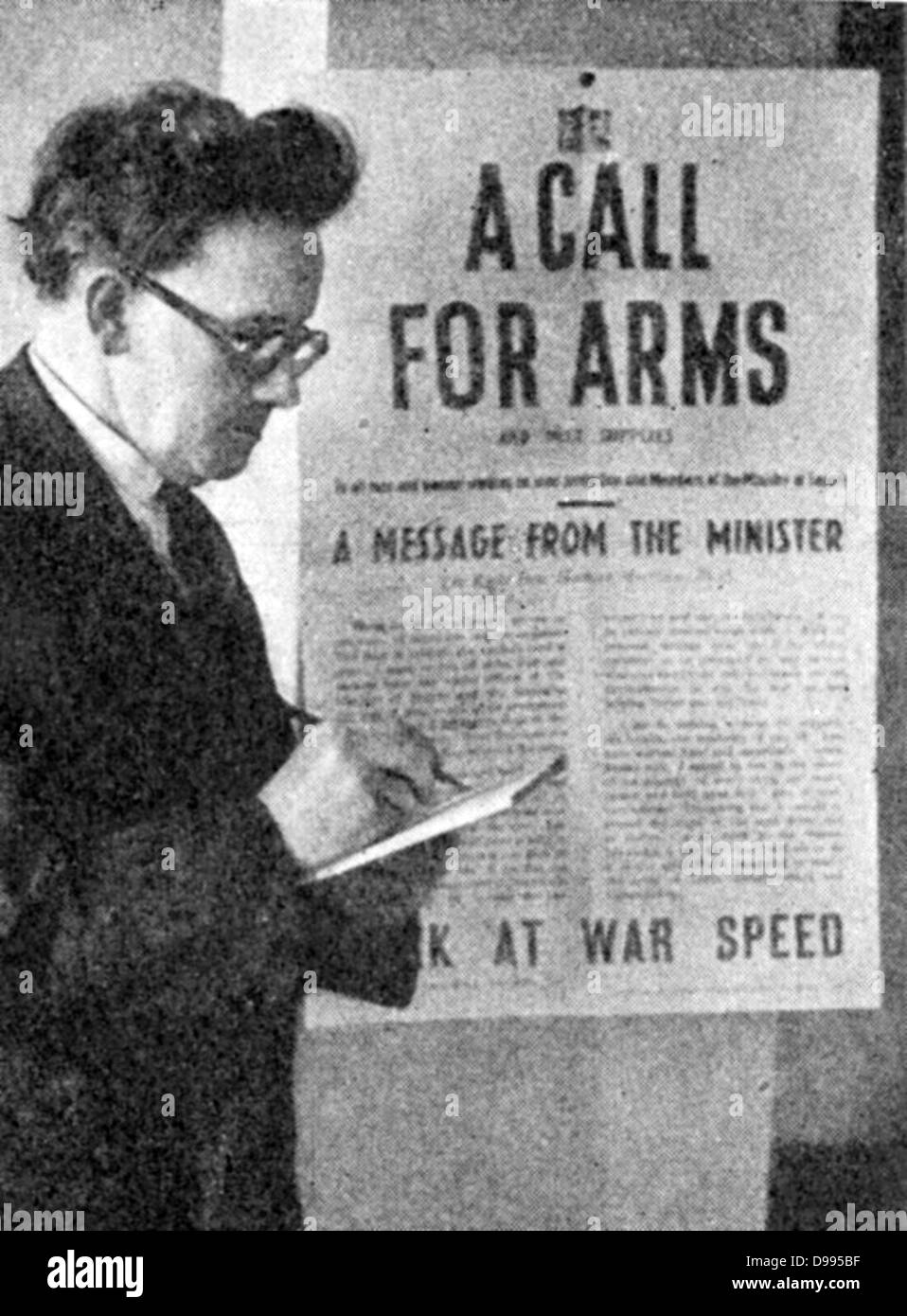 Herbert Stanley Morrison (1888-1965) Homme politique. En 1940, nommé ministre de l'approvisionnement en temps de guerre de Churchill, secrétaire du cabinet Accueil octobre 1940-1945, Comité permanent par son affiche incitant les gens à travailler à la vitesse de la guerre. Banque D'Images