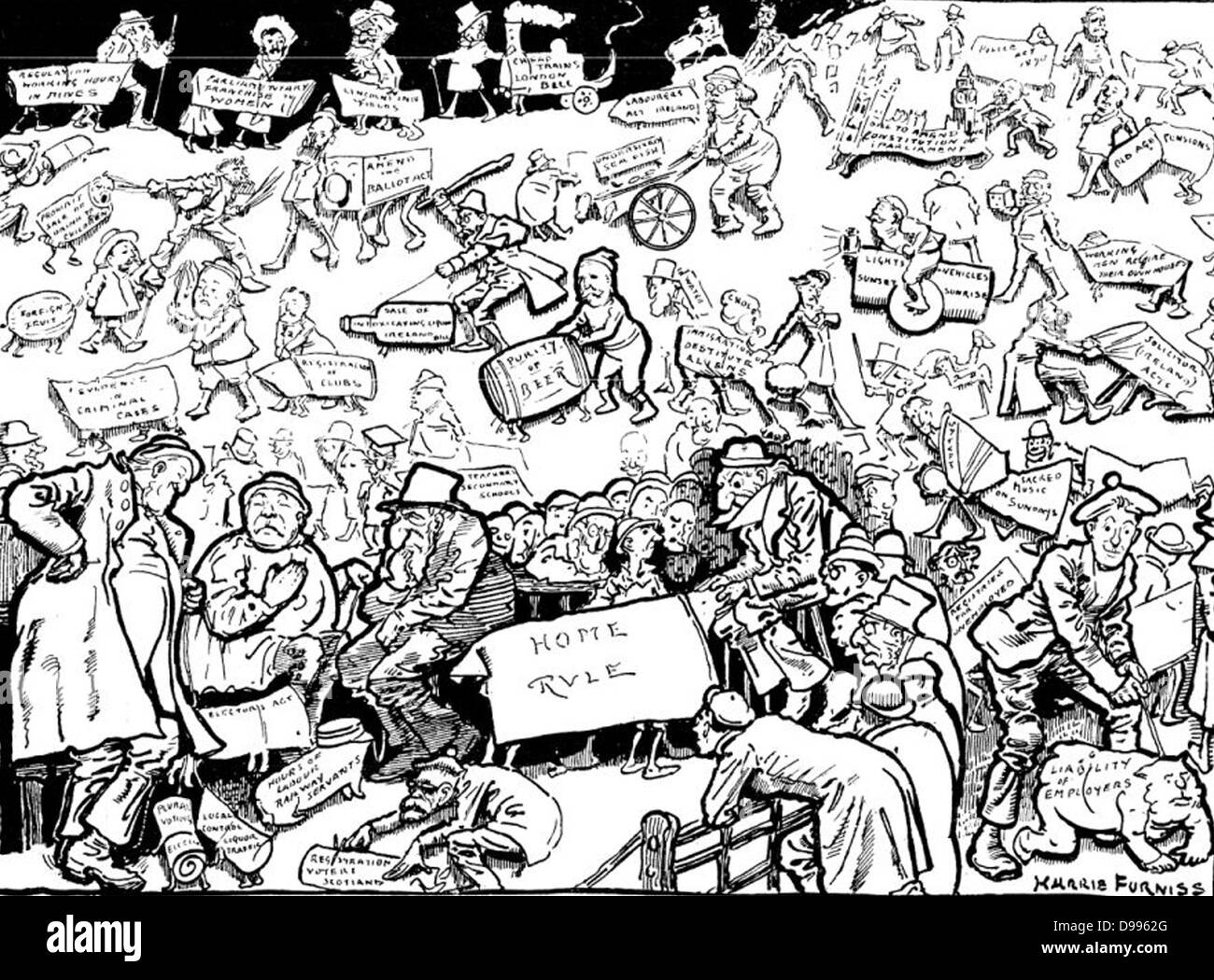 La vie politique 1905 caricature anonyme vers 1905. Montre questions politiques du jour y compris la Home Rule en Irlande. Banque D'Images