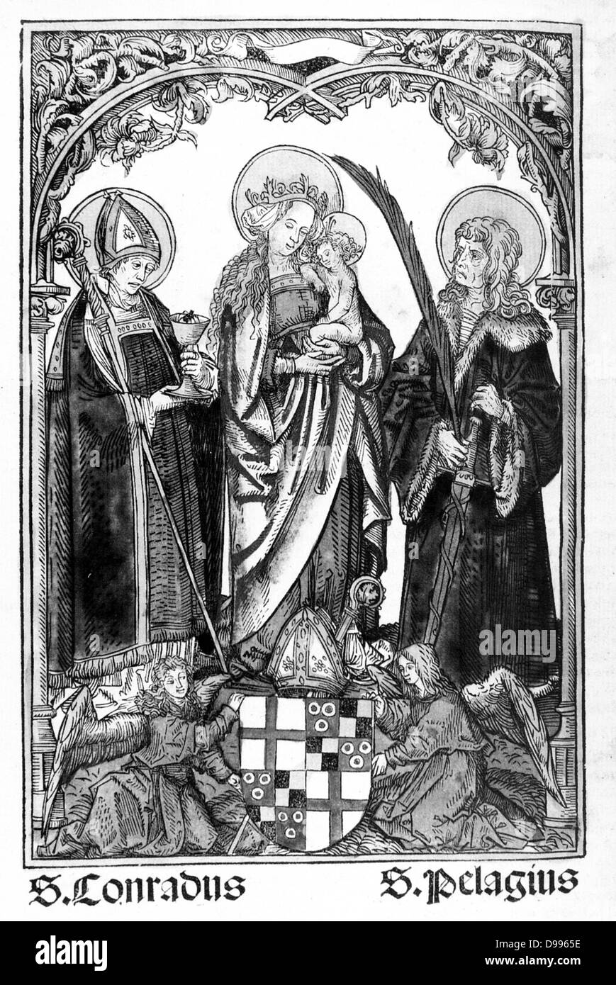 Conrad, Marie et saint Pelagius, y compris les armoiries de l'Évêque Hugues de Landsberg élevé à long terme (1495-1530). Banque D'Images